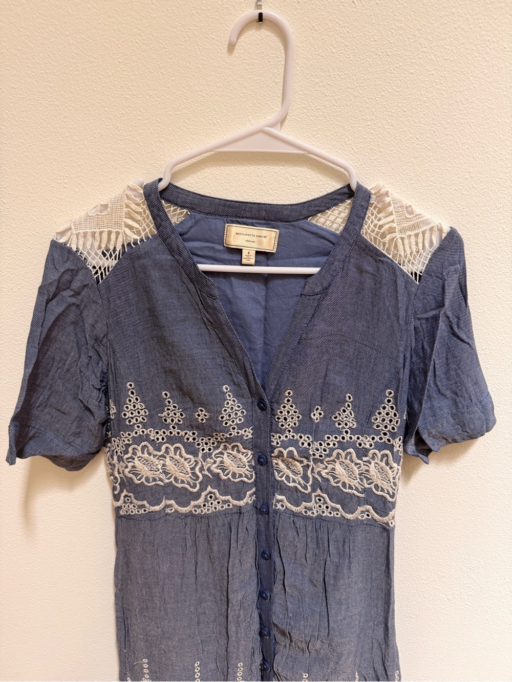 Anthropologie Moulinette Soeurs Dusty Blue Striped V-Neck Top with Lace Trim